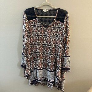 Boho Dress Simply Noelle Navy Mini Flowy with Lace Insets Size L/XL Casual Geo